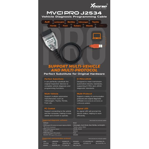 Xhorse MVCI PRO J2534 Vehicle Diagnostic Programming Cable for VW/ Ford Mazda/ Honda/ Toyota/ SUBARU