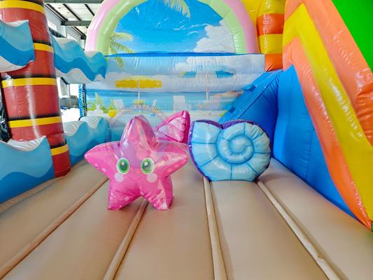 Tropical Beach Inflatable Bounce House and Slide Combo with Climbing Steps for Kids