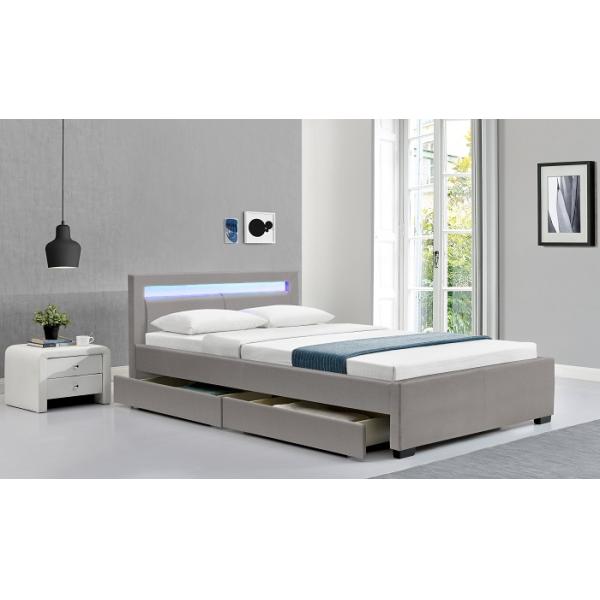 LED Bed Double Upholstered Faux Leather Slatted Frame With Box