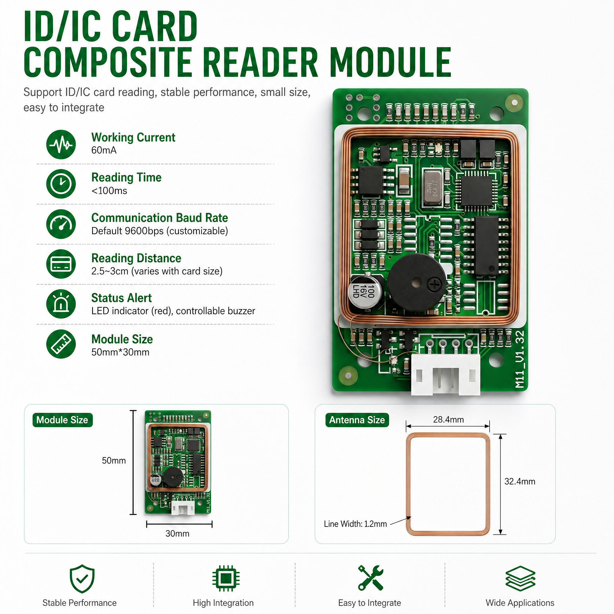 JP-M11-WF-UH-00 Dual‑frequency RFID Reader Module ISO14443A 125KHz ID IC NFC CPU Card Reader with Wiegand RS232 RS485 USB TTL