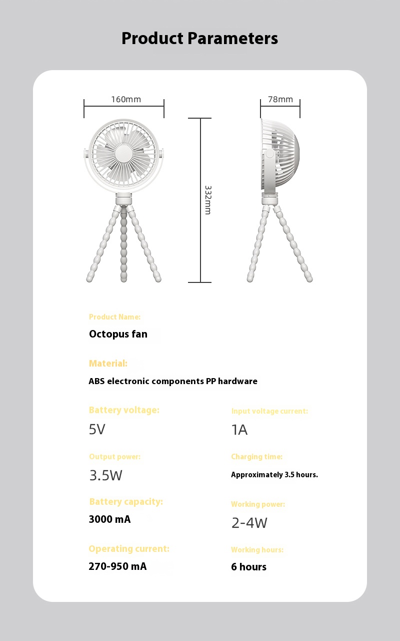 Wholesale Customize Battery Capacity Flexible Arms Stand Rechargeable Portable Octopus Cooling Fan