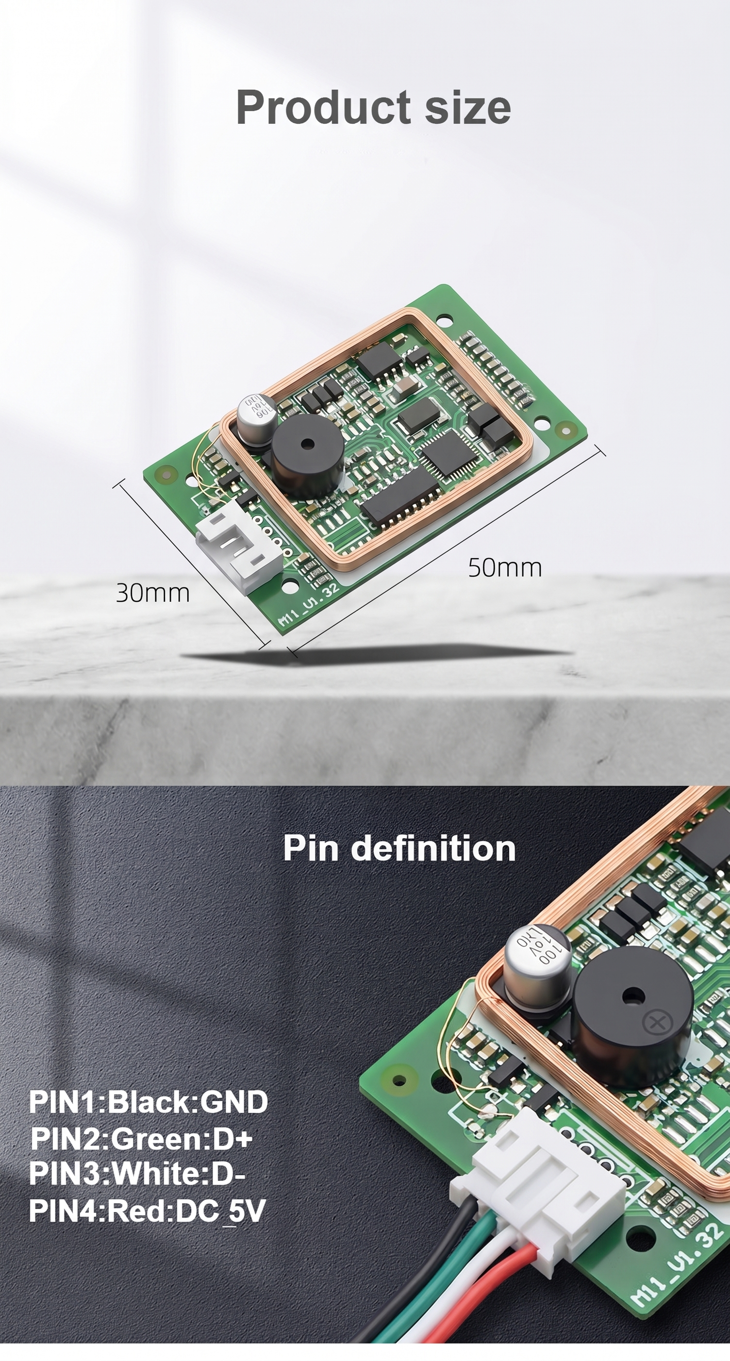 JP-M11-WF-UH-00 Dual‑frequency RFID Reader Module ISO14443A 125KHz ID IC NFC CPU Card Reader with Wiegand RS232 RS485 USB TTL