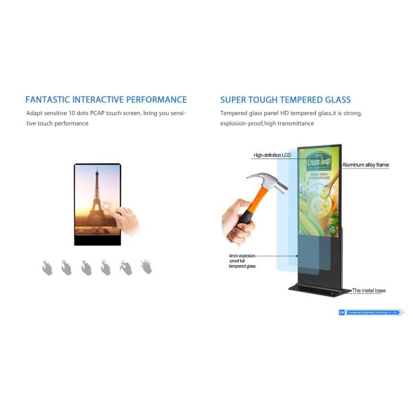65 Inch Full Screen Capacitive Touch Floor-Standing Digital Poster Kiosk Anti-Glare Display Built-In CMS Shopping Mall Elevators
