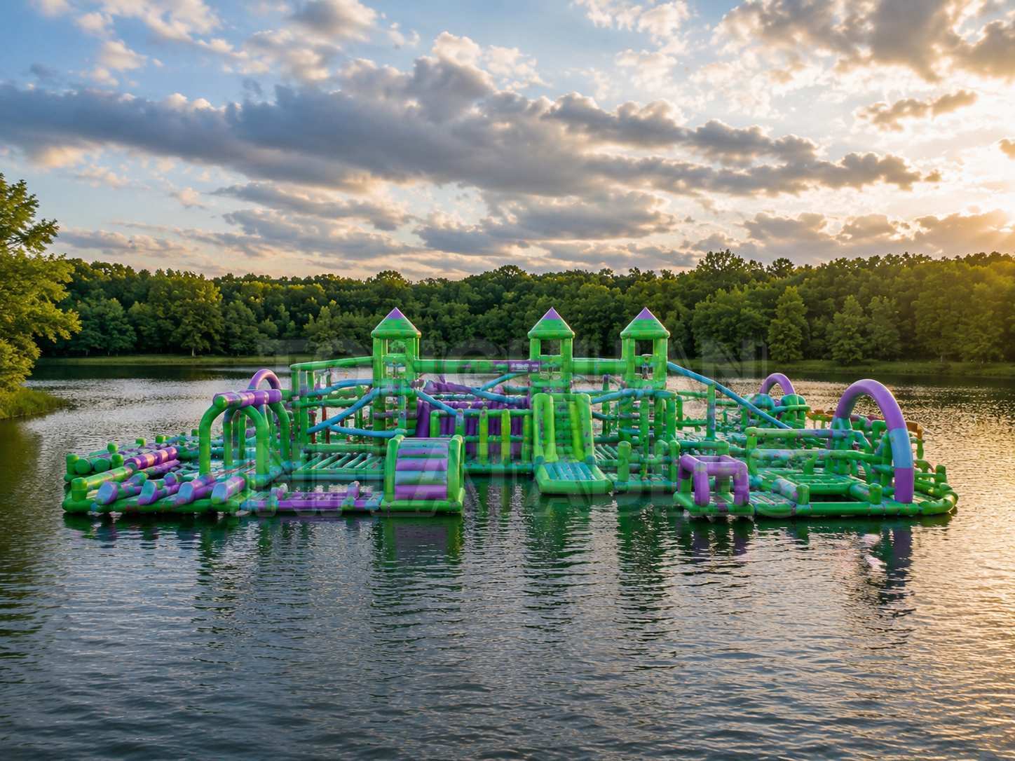 Custom Large Floating Inflatable Water Park with Multi Lane Slides Towers Obstacles and Aqua Playground Modules for Resorts Lakes Camps and Rental