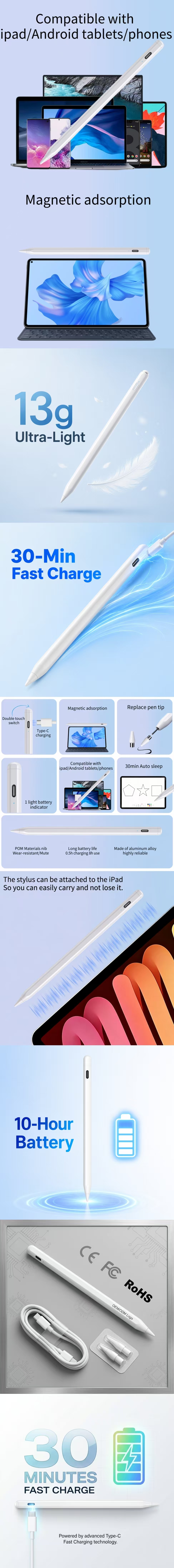 Universal Active Stylus Pen for iPad Android Tablet 30-Min Fast Charge Type-C Rechargeable Digital Pencil OEM Custom Logo