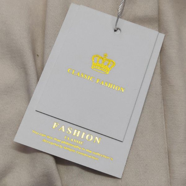 Custom swing hang tags new china label designs clothing garment pant logo tag