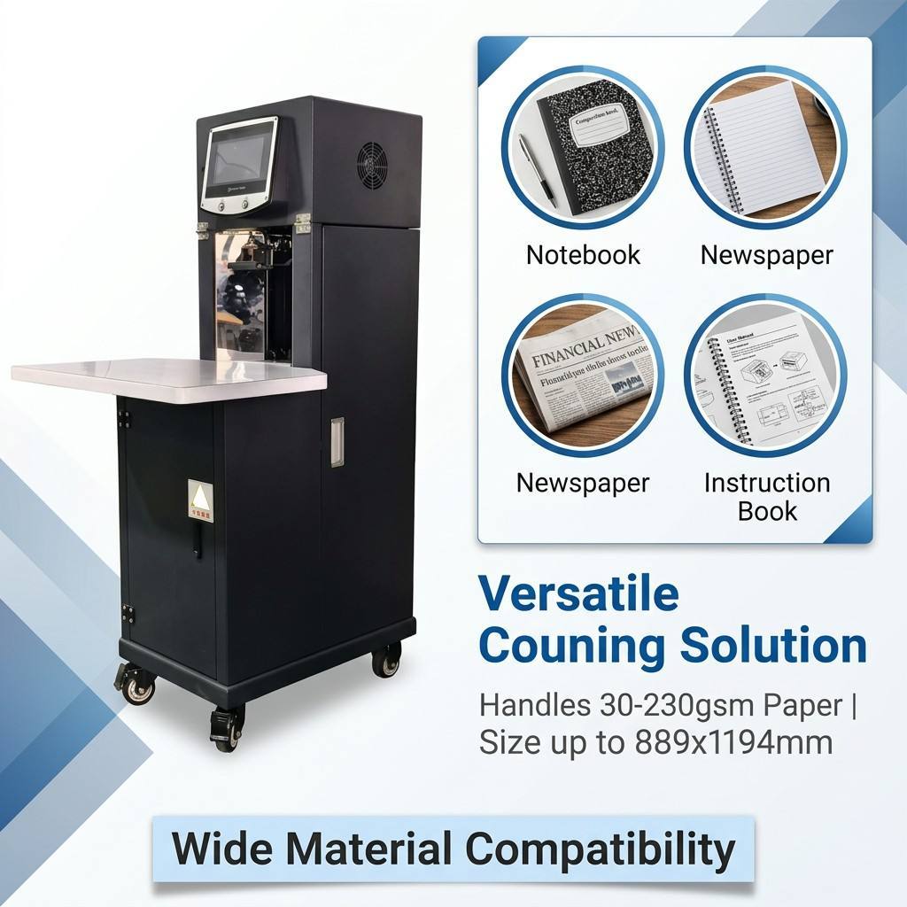 Paper counting machine side view displaying compact design and construction