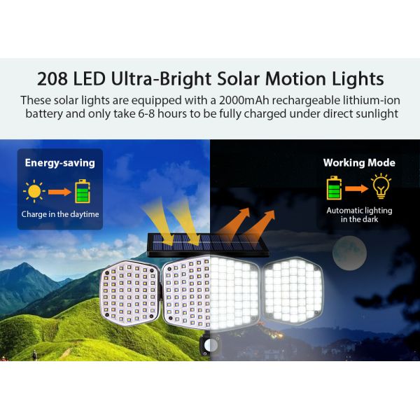 208LED 2500LM Solar Motion Sensor Wall Light 6500K ABS 7W