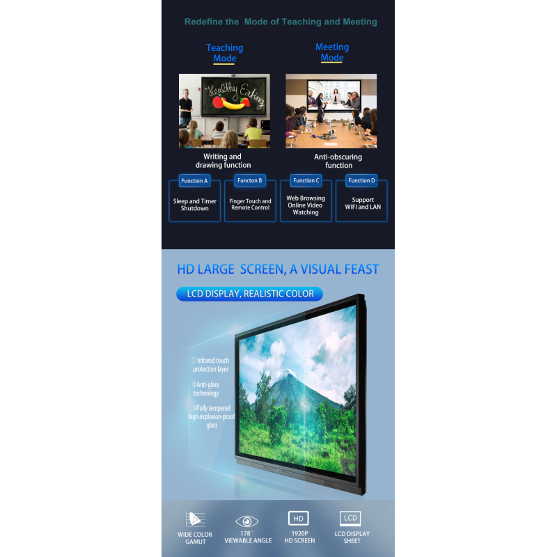 86-Inch Android LCD Interactive Smart Board with White LCD and Black Frame for School & Office Touch Screen Digital Board