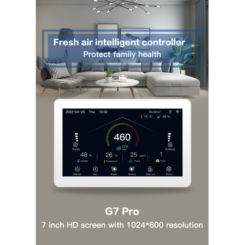 7 Inch Smart Fresh Air Ventilation Controller with Touchscreen Display Multi Sensor Integration for WiFi Remote Control