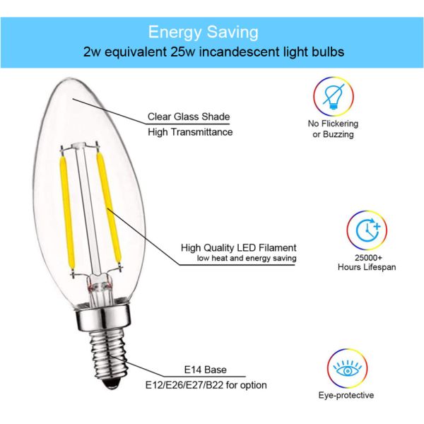2W E12 E14 LED Filament Bulb , C35 LED Candle Lights For Chandeliers
