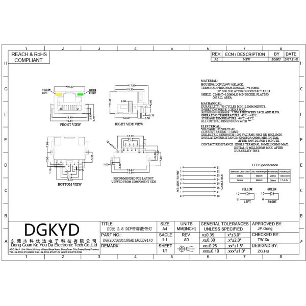 SMT Sink 2.8 DIP Single Port RJ45 Connector With Metal Shield DGKYDCB281188AB1A6DB9