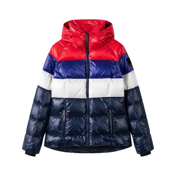 Men's color-block puffer jacket front view showing red, white, and blue color blocking