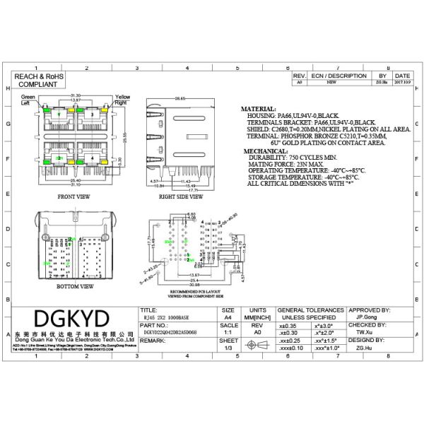DGKYD22Q042DB2A5D068 RJ45 Gigabit Network Connector With Light Shield 10PIN