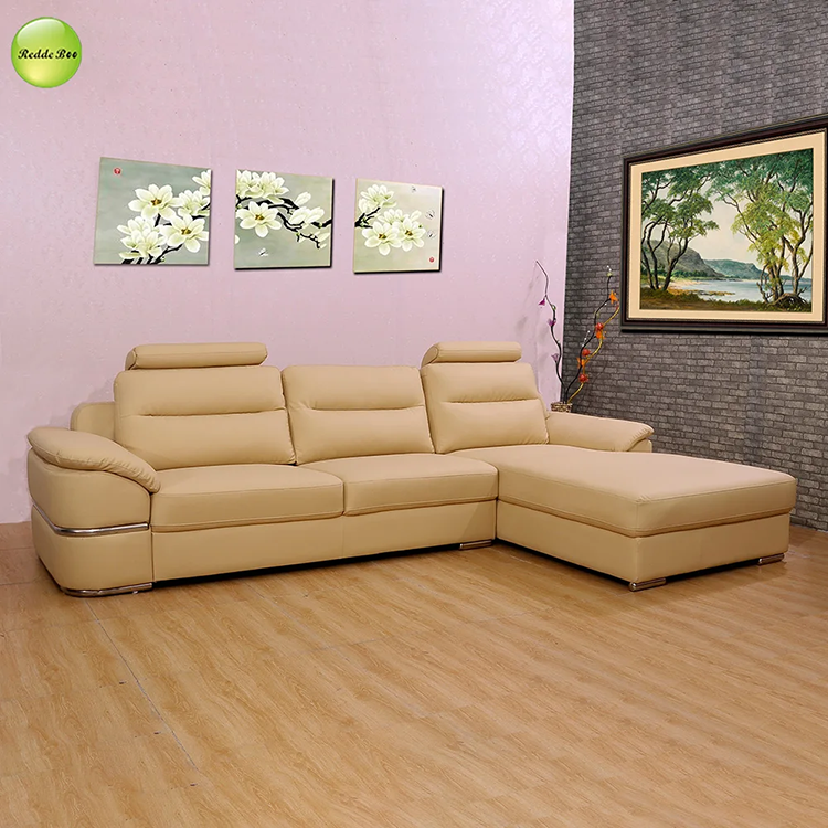 Low Profile Boucle White Tan Leather Corner Sofa Modular Couch Breathable