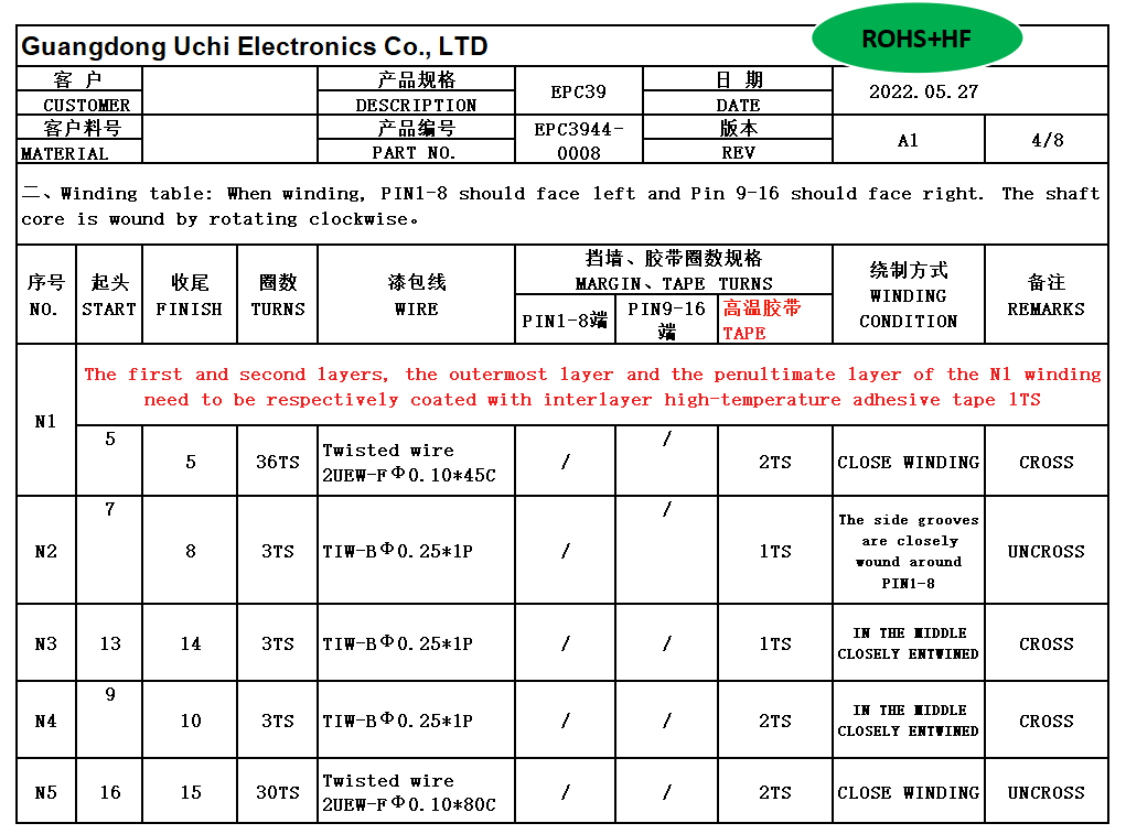 BEPC3901-BEPC3902 EPC39 Horizontal 8+8 PIN Power Transformer 220 To 110
