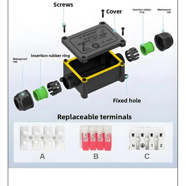 Waterproof Junction Box, 1-in 1-out IP68 with Cable Glands