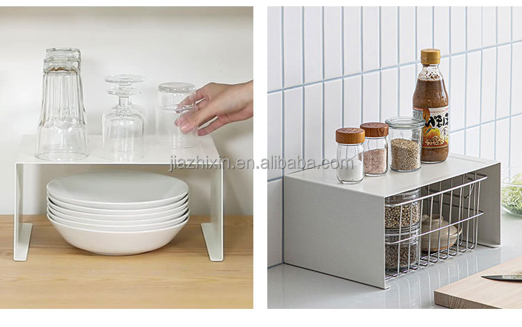 Stackable 2 Tier Tower Rack White Desktop Spice Jar Microwave Coffee Machine Stand Bowl Plate Cup Divider with Metal Mesh Basket