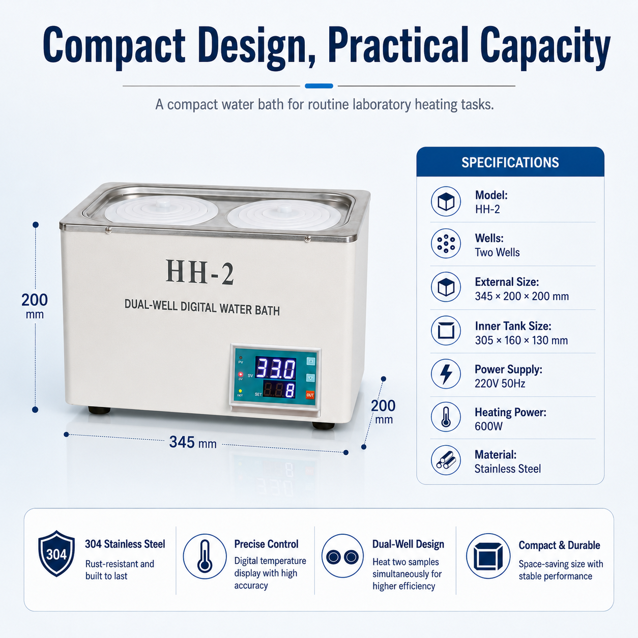 Cenlee Laboratory Sample Heating Precise PID Control Dual Well 100C 600W SUS304 Digital Constant Temperature Water Bath