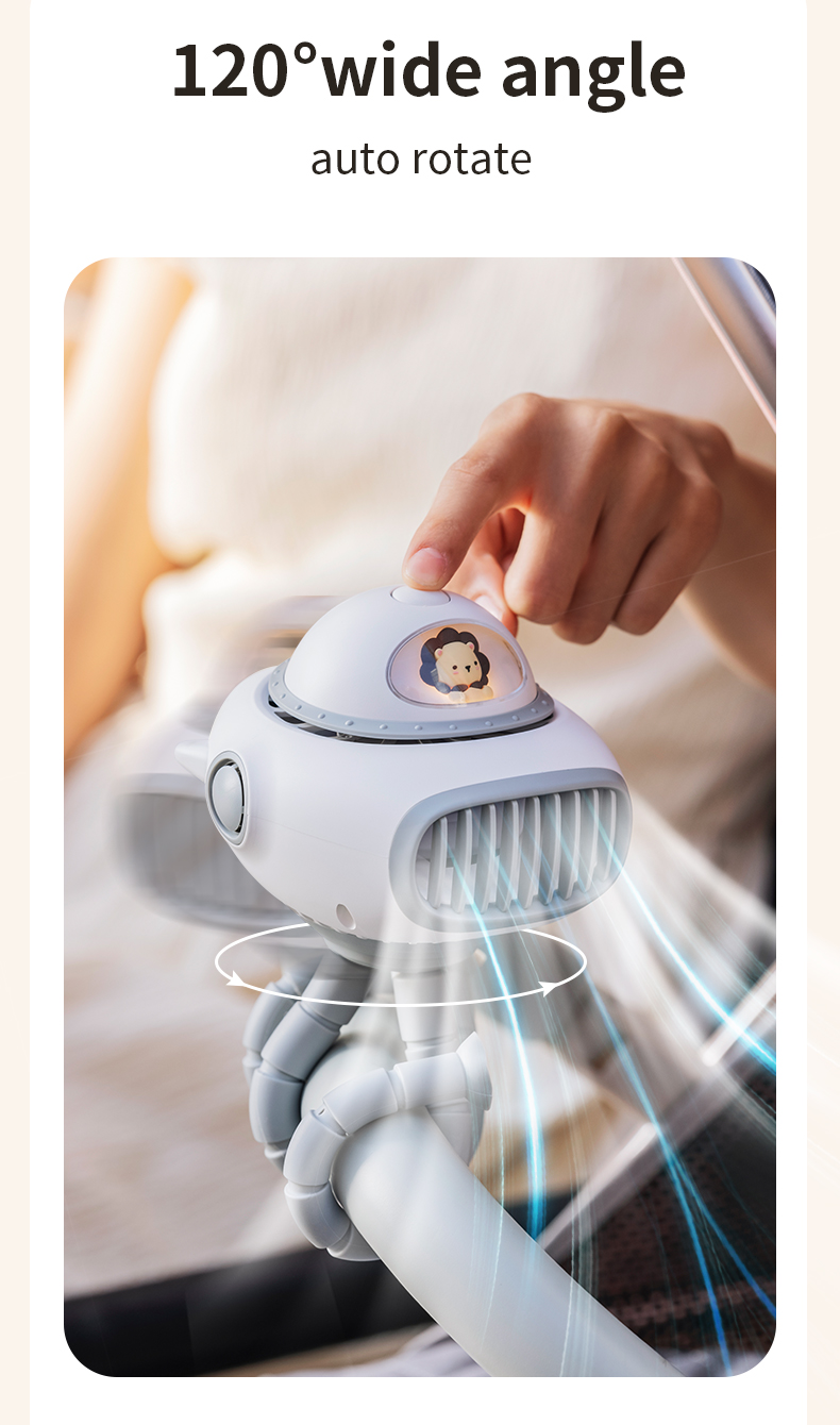 Safe Design Auto Rotate 120 Degrees Rechargeadle Multifunction Table Baby Portable Oscillating Stroller Fan With Flexible Tripod