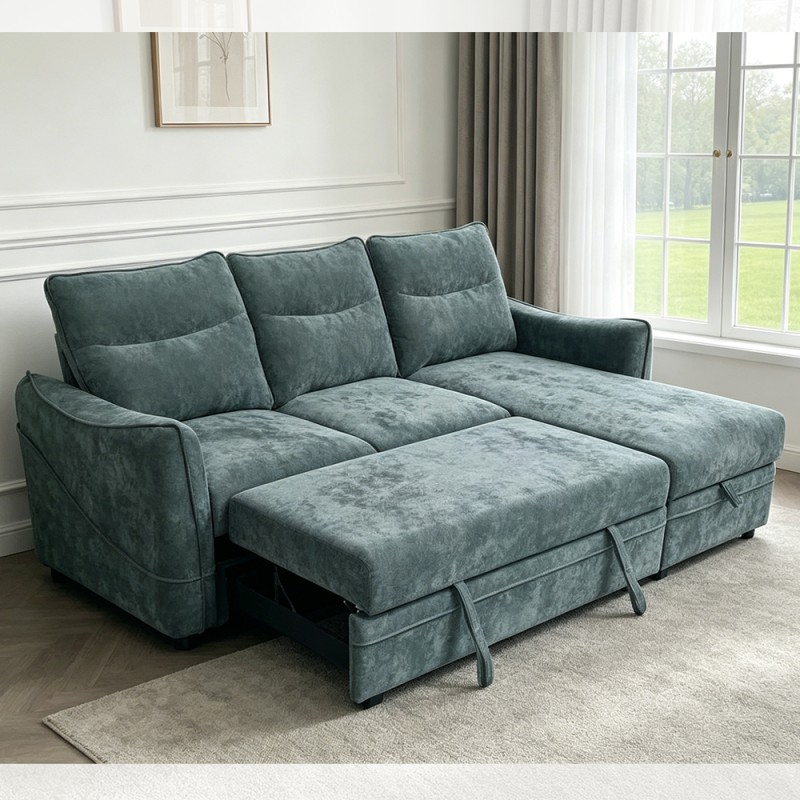 L-Shaped Reversible Sectional Sleeper Sofa with Pull-Out Bed and Storage, Teal Fabric
