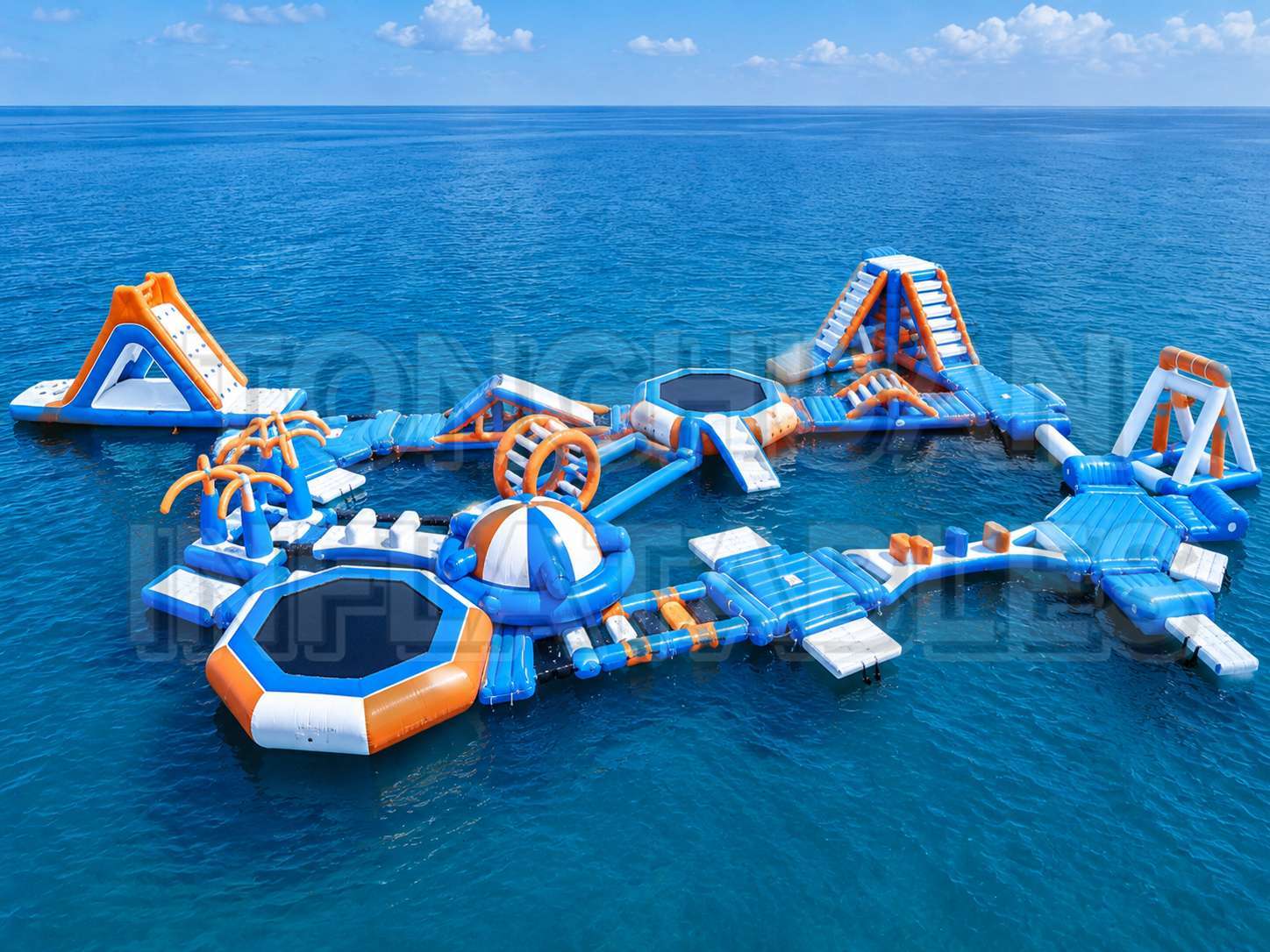 Large Inflatable Ocean Adventure Park with Modular Slides Trampolines Climbing Elements and Activity Zones for Beaches Hotels and Water Recreation
