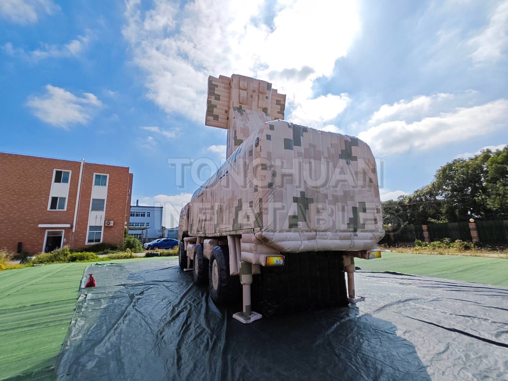 Custom Inflatable Radar Vehicle Decoy with Raised Rectangular Antenna Panel Detailed Truck Body and Camouflage Printing for Training Display Projects