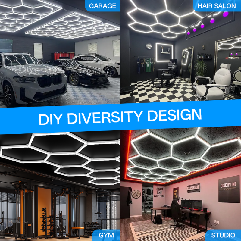 Office space illuminated with hexagon LED ceiling panels