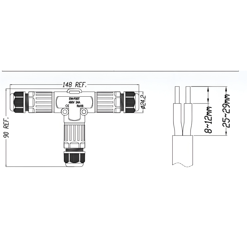 Waterproof Circular Connector T-Type 1 Input 2 Output with PA66 Material and 0.5mm²-2.5mm² Wire Gauge