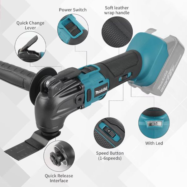 Makita 18V Cordless Electric Trimmer and Oscillating Tool - side view displaying compact construction and battery compartment
