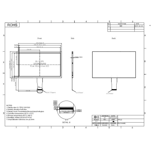 Simple 10.1 Inch LCD Panel TFT LCD IPS Display With 50pin RGB Interface
