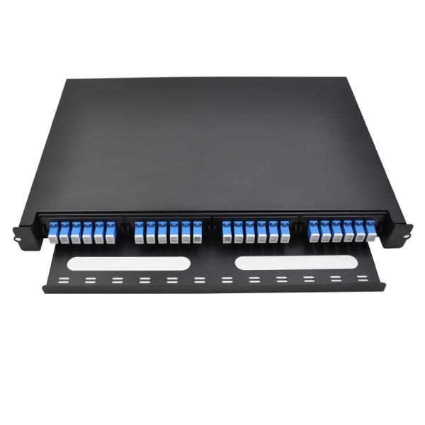 Black LC Duplex 24 Port Fiber Optic Patch Panel with Clip Installation for 1U Rack Mount Distribution Box