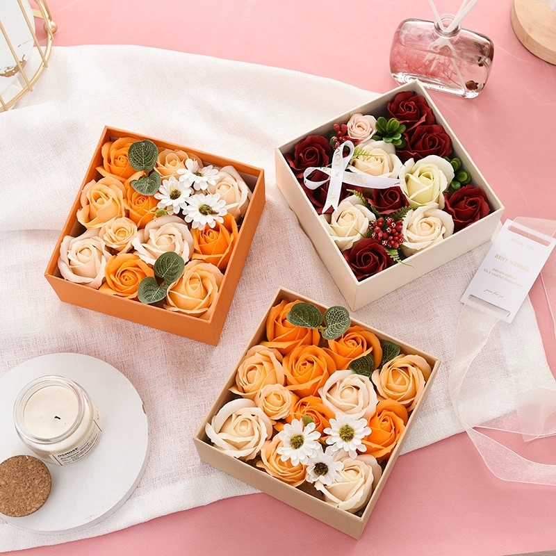 Square Paper Gift Boxes With Window And Soap Flower Insert For Holiday Gifting