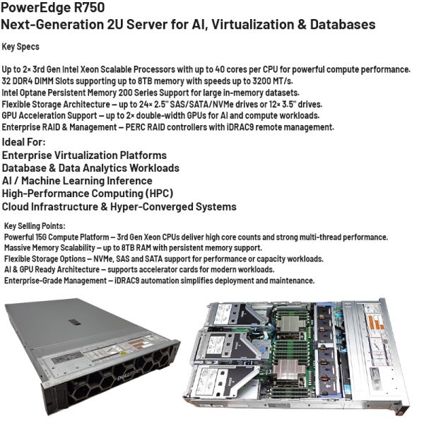 PowerEdge R750 2U Rack Server with Intel Xeon Scalable Processors 32 DDR4 DIMM Slots and 16 x 2.5-inch SAS/SATA/NVMe Drive Bays