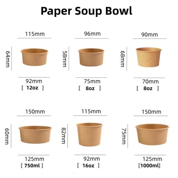 PLA Coating Disposable Biodegradable Take Out Containers Kraft Paper Soup Bowl 16oz 24oz
