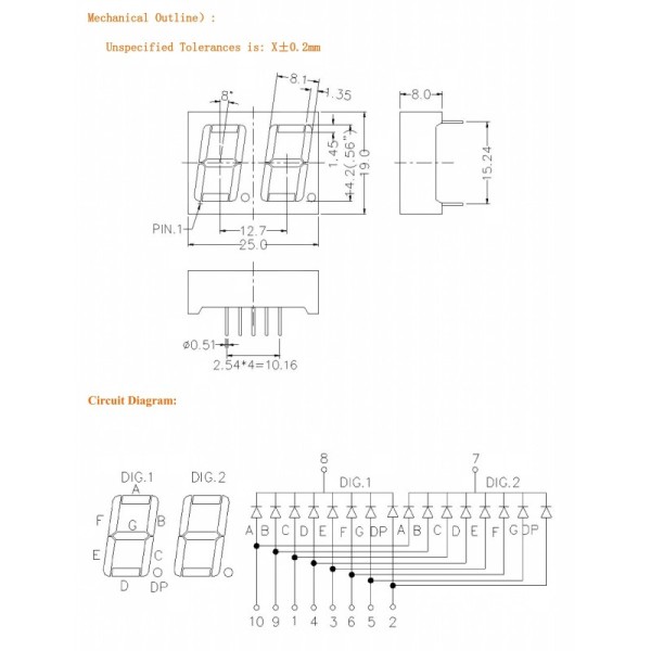 Compact LED 2 Digit 7 Segment Display 0.56 Inch Size 14.2mm Height Ideal for Digital Measurement and Display Panels
