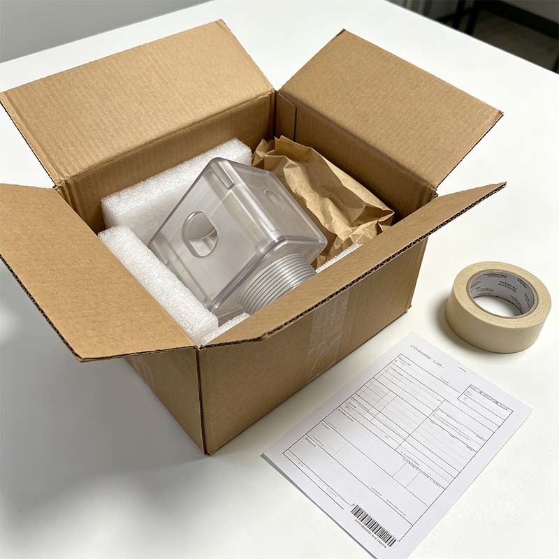 Custom CNC Machined Clear Acrylic Square Housing with Precision Milled Threads and High-Transparency for Flow Sensor Applications