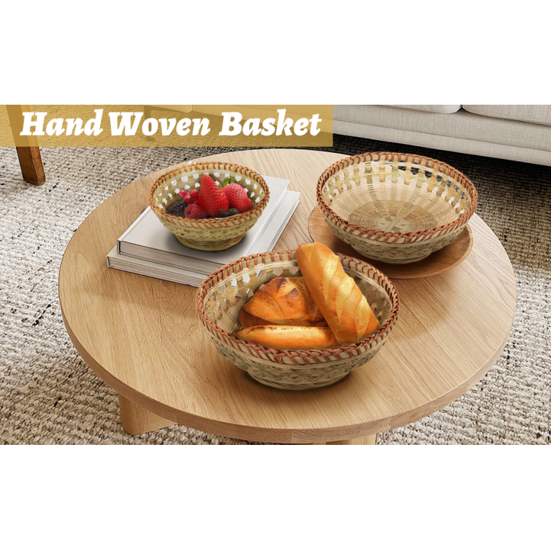 Natural Bamboo Bread Baskets, 3 Pack Hand Woven Round Fruit Baskets For Serving, Handmade Picnic Basket, Wicker Decoration Storage For Living Room