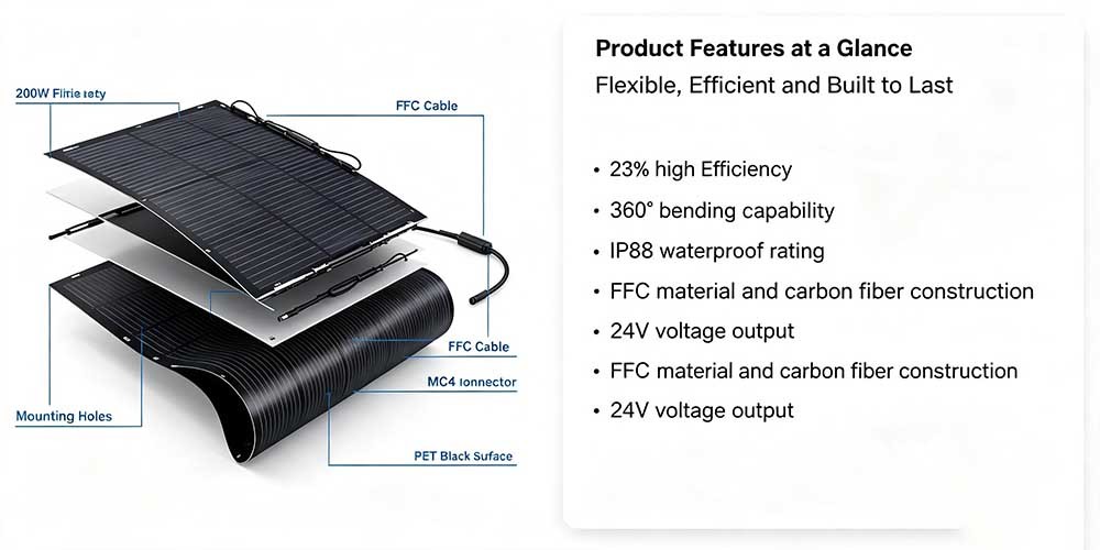 200W Anti‑Aging Flexible Solar Panel, 23% Efficiency Waterproof Bendable Solar Kit for RV, Yacht & Balcony Projects