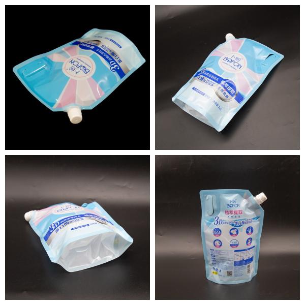 Custom printed spout pouch with handle for laundry detergent