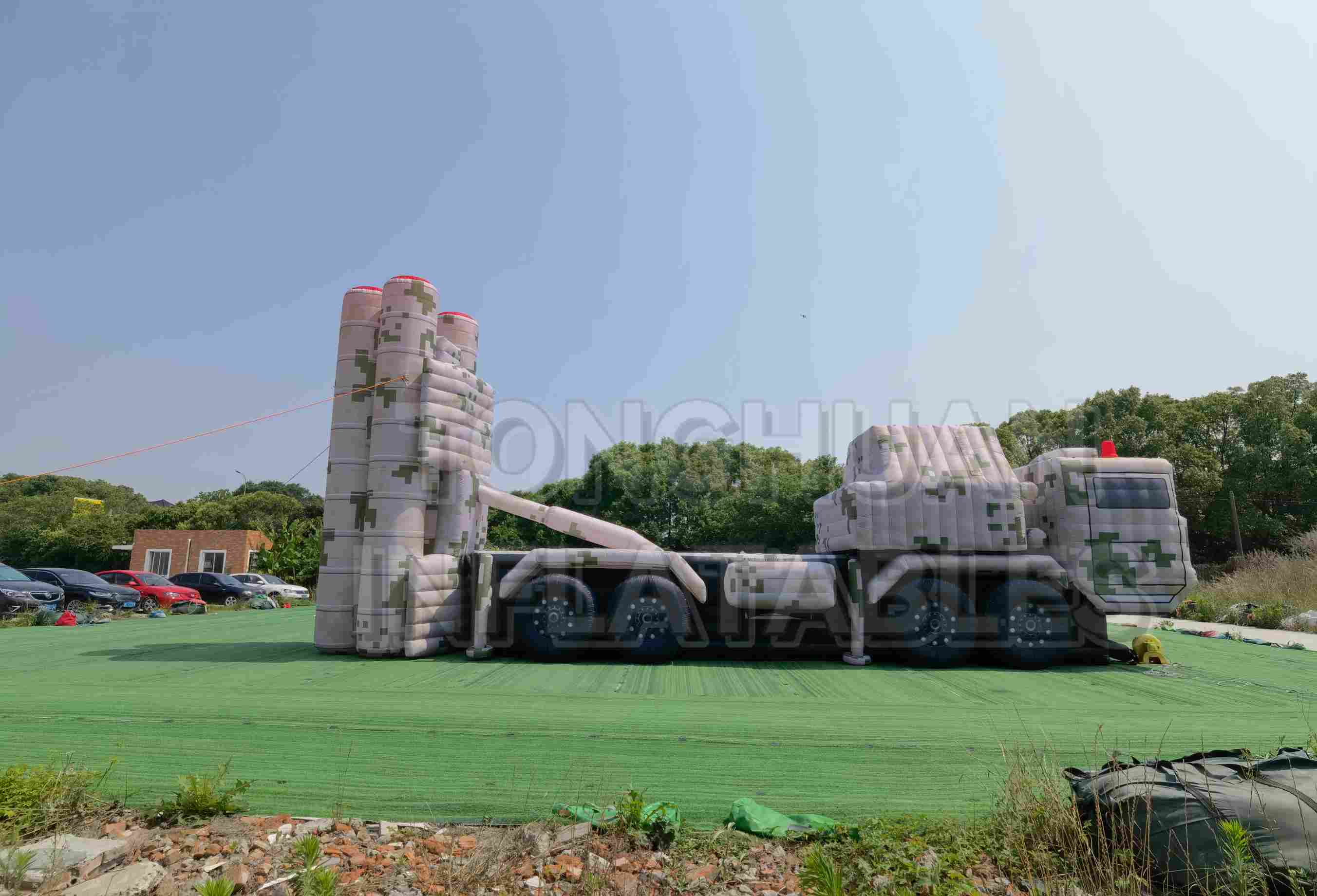 Custom Inflatable Launcher Vehicle Decoy with Vertical Canister Structures and Camouflage Truck Body for Training Displays and Outdoor Simulation