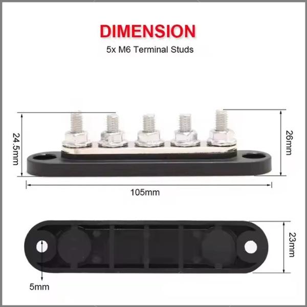150A 48V DC Red Black 5 Way M6 Stud Busbar with Cover