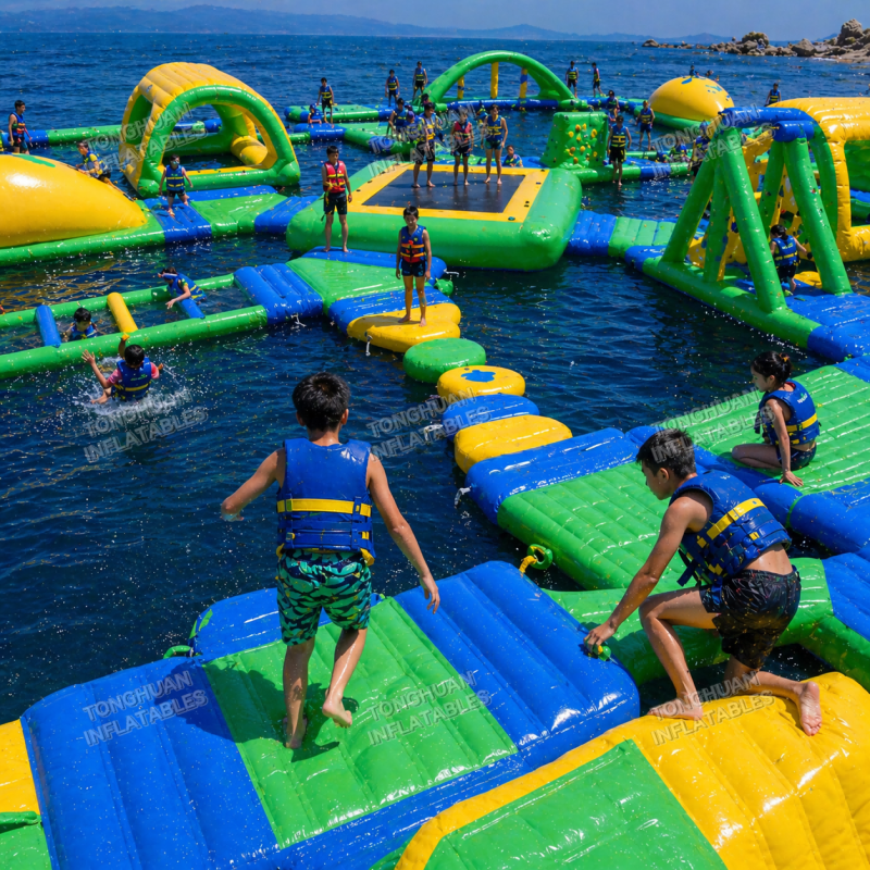 Large Custom Inflatable Water Park With Floating Obstacle Course And Slide Playground Structure Modular Inflatable Aqua Park With Interactive Floating