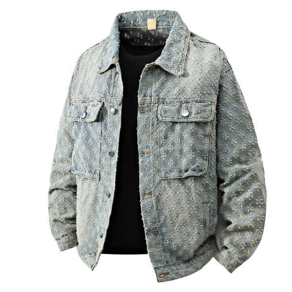 OEM Denim Jacket High Street Jacquard Embroidered Old Acid Wash Jean Men's Coat Loose Oversized Jogger Vintage Jacket for Men