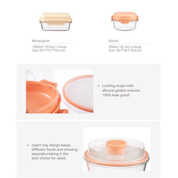 Stackable Glass Lunch Box with 950ml and 1050ml Capacity Microwave Safe and Leak-Proof Bento Box