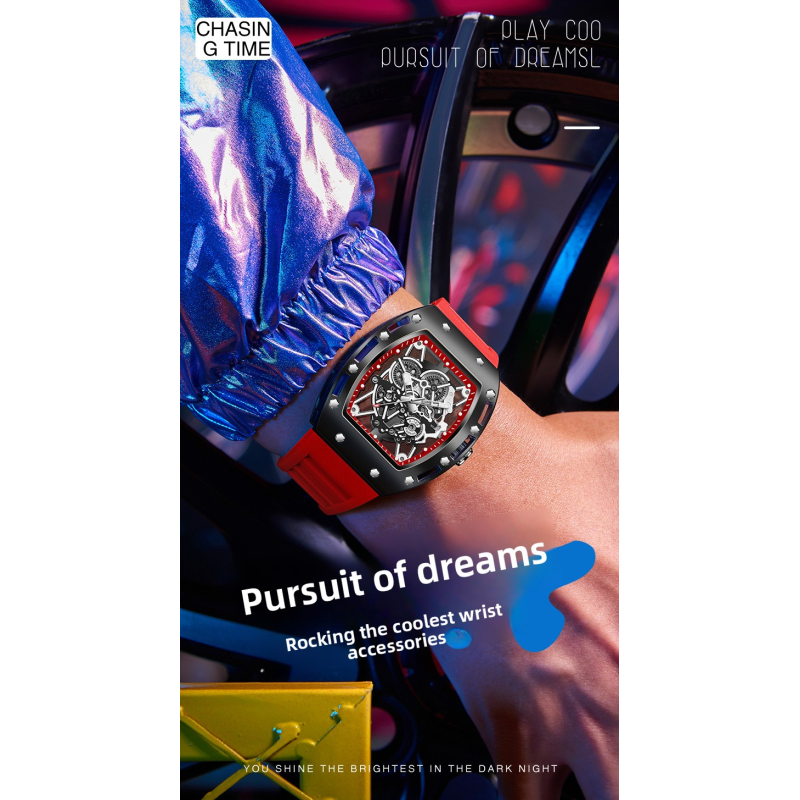 Luminous waterproof skeletonized quartz watch, barrel-shaped men's watch