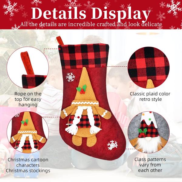 2 Pcs Christmas Stockings New Set, 3D Gnomes Soft Classic Red and Grey Fireplace Hanging for Holiday Xmas Party Decor