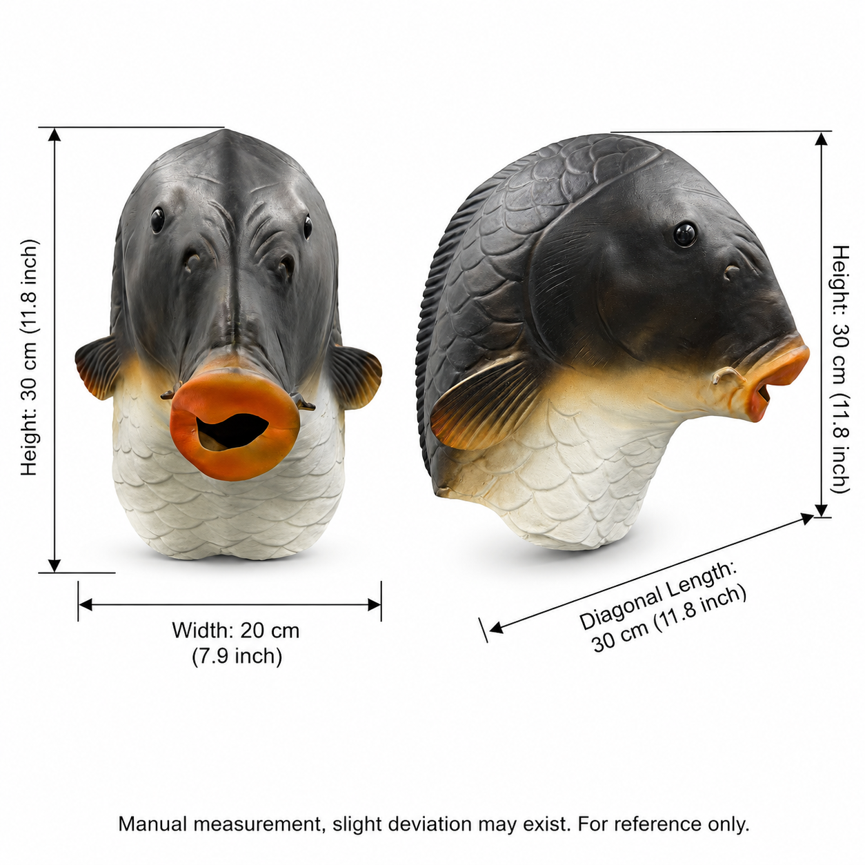 Realistic Grass Carp Latex Full Head Mask, Fish Character Costume with Scaled Texture, Orange Lips, Side Fin Detail and Full Head Design for Halloween