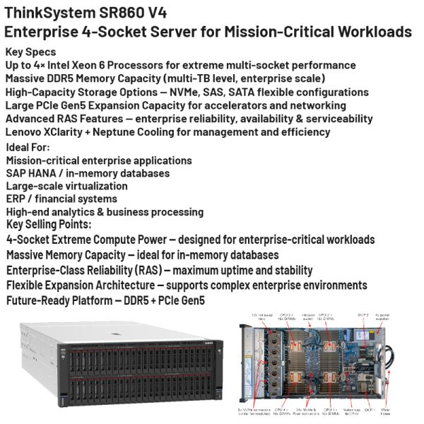 Lenovo ThinkSystem SR860 V4 4U Rack Server with Intel Xeon 6 Processors DDR5 RAM and High GPU Density
