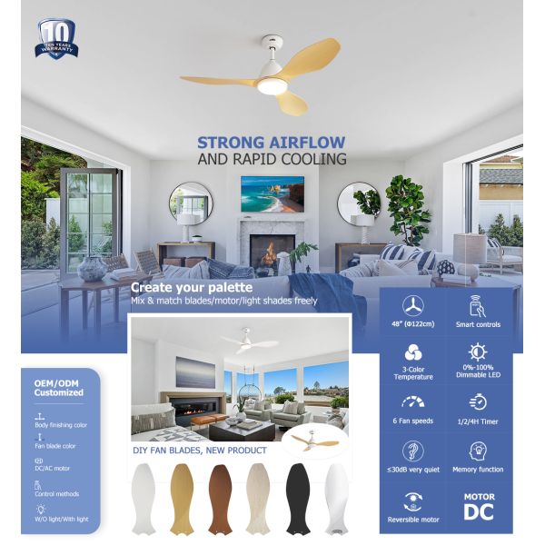 48-inch Plastic Blade Ceiling Fan with Remote Control and Customizable Design for Small to Medium Spaces